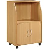HomeStock Microwave Cart with Storage - Mobile Kitchen Island with Wheels - Beech Finish