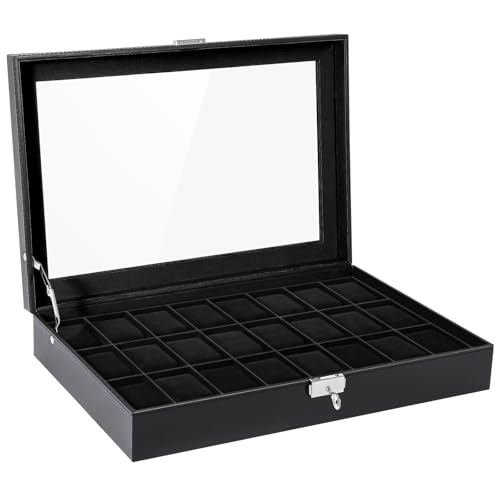 Image of Uten 24-Slot Watch Box, PU Leather Watch Case with Glass Lid, Watch Holder Organizer with Soft Pillow and Velvet Lining, Watch and Jewelry Storage Box