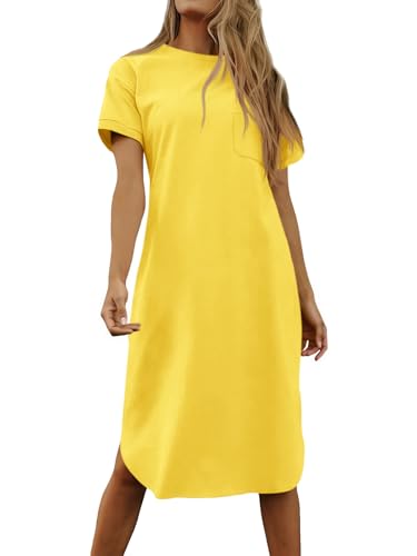 Image of Dyexces Summer Dress for Women Crew Neck Short Sleeve Solid Basic T-Shirts Casual Midi Dresses with Pocket