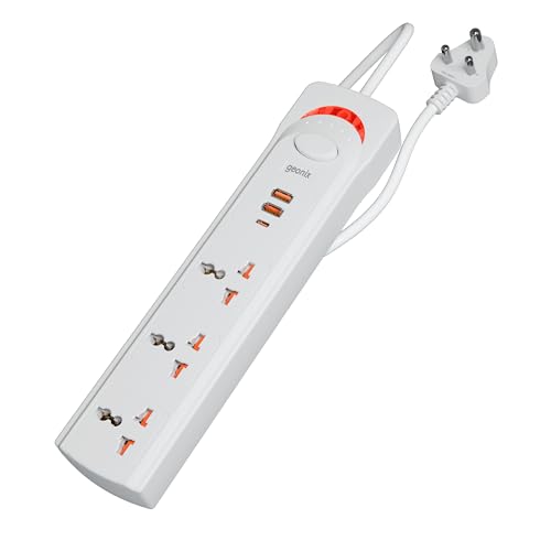 Image of Geonix PowerSpan U3 | Extension Board /Strip, 1500 Watts, 6 Amps, 1x Type C Port, 3X Universal Socket, 2X USB Port, LED Indicator, On /Off Switch, Wall Mountable, 3mtr Long Copper Cable (White)