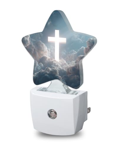 Image of Cross in the Clouds Plug in Star Night Light, Night Light with Sensor for Kids Nursery Bedroom, Decorative Soft Glow Lamp for Hallway Bathroom, Energy Saving