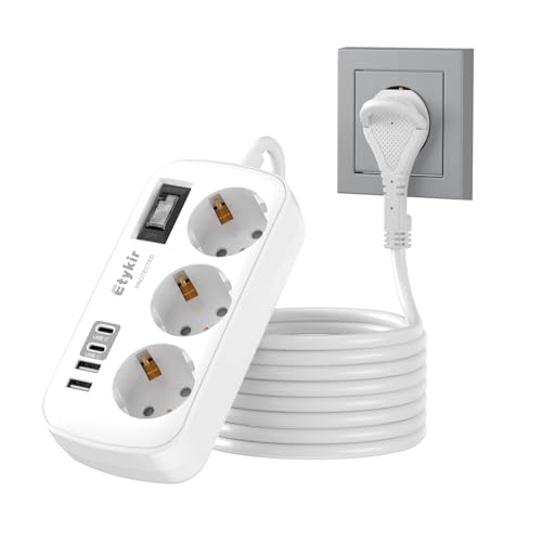 Verlängerungskabel Flachstecker, 3 Fach Steckdosenleiste mit 4 USB(2 USB C), 2M Kabel Steckdosenleiste mit Überspannungsschutz， Mehrfachsteckdose Flacher Stecker für Hause Büro Reisen, Weiß