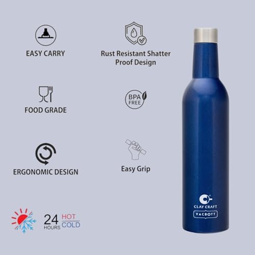 Image of Clay Craft Vacbott IVY Wine Double Walled|18 Hours Hot and 24 Hours|Cold Vacuum Insulated Flask Bottle|2 Piece, 760 ml Steel Bottles for Travelling|BPA-Free|BIS Certified|1Year Limited Warranty