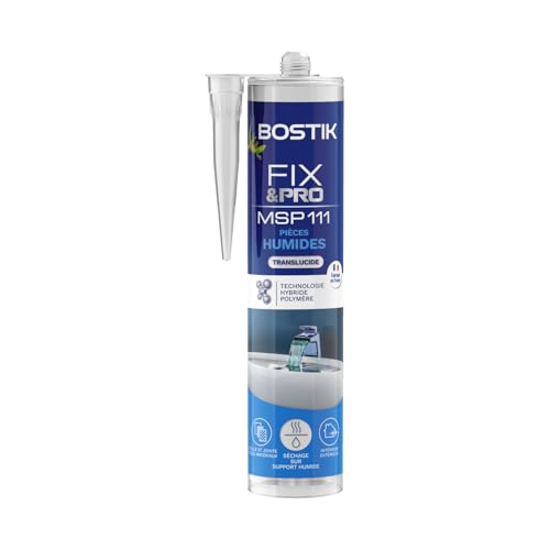 Bostik FIX&PRO MSP 111 Pièces Humides Transparent – Mastic de Fixation et d’Étanchéité – Colle et Jointe – Intérieur/Extérieur – Tous Matériaux – MS...