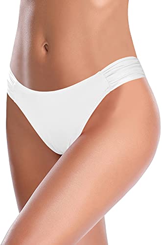 Shekini Women's Bikini Bottom Low Waisted Sexy Swimsuit Ruched Sides Hipster Swim Bottom (Venice White, Large (Us 12-14)) #TOP19