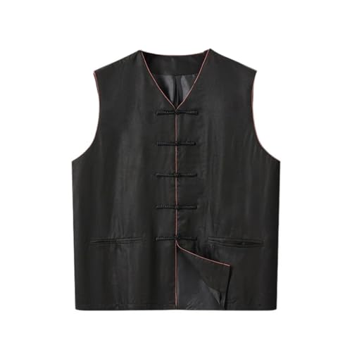 Gilet en soie homme col V style tanga sans manches bouton chinois traditionnel noir