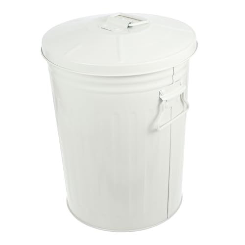 Caneca de basura metálica beige con tapa y asa