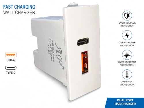 Image of Elements Hub Dual USB Modular Socket Charger | USB-A & USB-C Fast Charging Wall Socket | Universal Modular Switch Board Socket for Mobile, Tablet & Smart Devices | White
