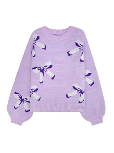 Image of Libsorge Womens Oversized Cute Bows Crewneck Cozy Pullover Sweater | Fall Winter Trendy Long Shoulder Balloon Sleeve Knit Baggy Printed Dressy Casual Valentines Day Vintage Sweaters