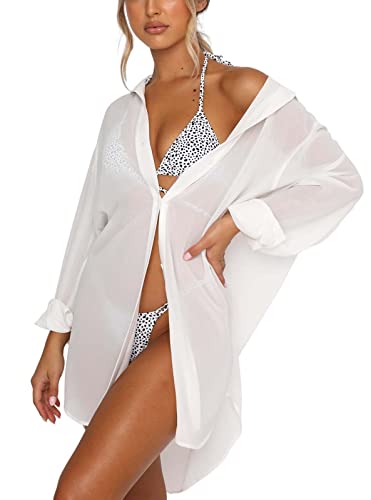 Women's Swimsuit Beach Cover Up Loose V-Neck Button Down Bikini Bathing Suit