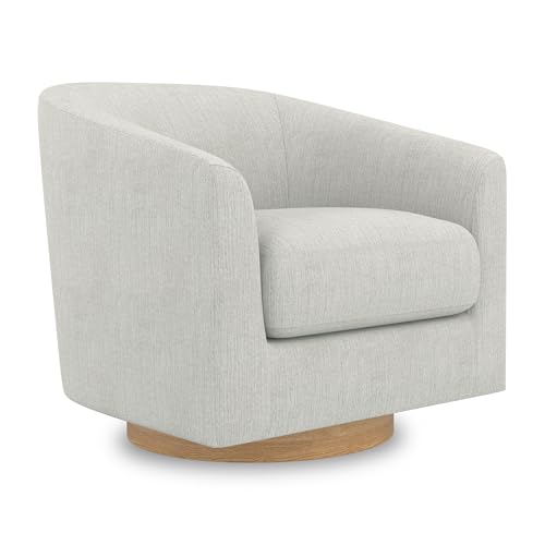 Image of Swivel Accent Chair, Upholstered Modern Barrel-Curved Armchair, Linen Fabric Comfty Sofa Reading Chair with Solid Wood Base for Bedroom, Living Room, Club, Ivory