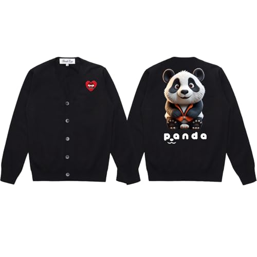 Cute Pandas Colorful Printing Men Cardigan V-Neck Red Snag Eyes Heart Embroidery Cotton Button Casual Fit Open Front Sweater