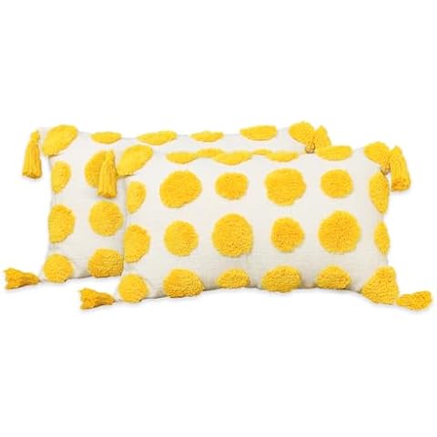 PLWORLD Set of 2 Boho Yellow Lumbar Throw Pillow Covers 12x20 Inch with Tassels, Pom Pom Tufted Cream Chenille Fabric Small Accent Textured Cushion Cases for Bed Couch, Covers Only No Insert Cover