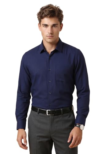 Image of Peter England Men's Premium Solid Herringbone Regular Fit Full Sleeve Formal Shirt | Wonder Fabric | Cotton Rich