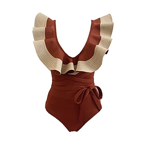 Maillot de bain 1 pièce bikini triangle dos nu imprimé feuille caramel