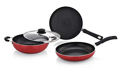 Image of TWIN BIRDS Induction Base Non Stick Aluminium Cookware Set Including Kadai 240MM, Fry Pan 240 MM, Tawa 250 MM and Glass Lid | Red and Black