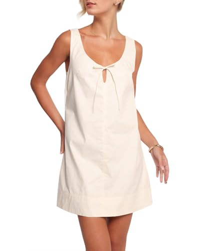 Image of OLAPTA Women Sleeveless Summer Tie Up Loose Fit Scoop Neck Mini Tank Dress with Pockets