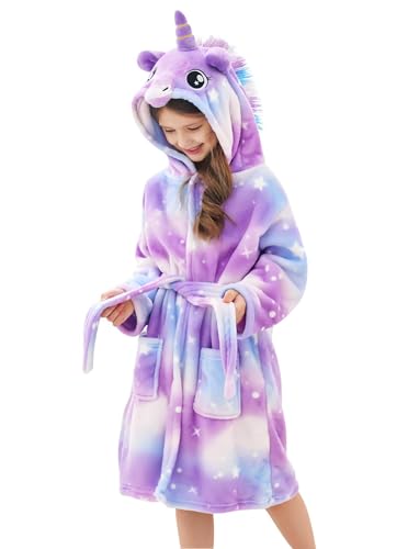 Doctor Unicorn Girls Fleece Hooded Robe Toddler Warm Fuzzy Bathrobe Purple 2 6-7 Years cover
