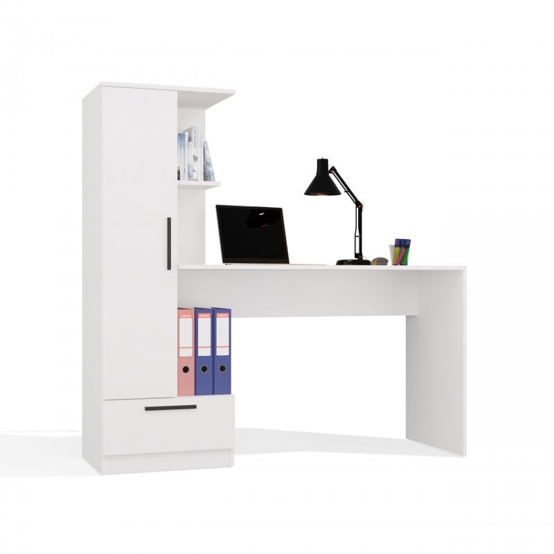 CDF Computertisch Schreibtisch Arbeitstisch Bürotisch Gaming Tisch mit mit hohem Regal und Schublade für Büro Schlafzimmer Jugendzimmer Kinderzimmer Aufbewahrung Dokumente Modern Platzsparend – Weiß