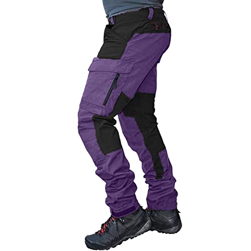 Mens Overalls Two Color Splicing Casual Pants Cute House Purple #TOP6
