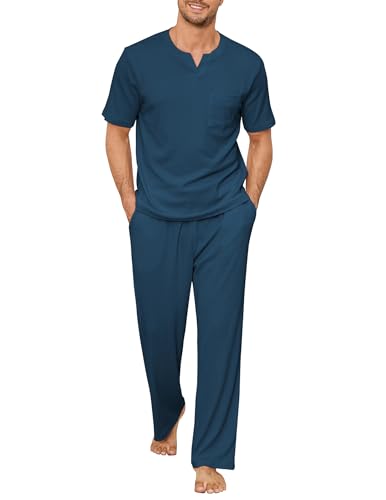 Image of JiniGolla Mens Pajamas Set Soft Short Sleeve Top and Pant Loungewear Sets 2 Piece Pjs with Pockets