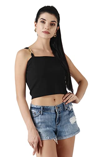 Image of POPWINGS Solid Casual Sleeveless Regular-Fit Crop Tops for Women with Front Chain| Crop Tops for Women Stylish Western Summer Wear