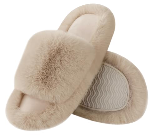 Ankis Women Camel Fuzzy Fluffy Slippers Soft Cozy Plush Memory Foam Slipper Open Toe Bedroom Comfy Platform Slippers for Womens