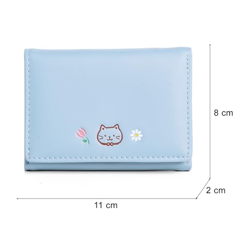 Image of INOVERA (LABEL) Wallets for Women, Girls - Stylish Faux Leather Trifold Cash, Coin, Cards Holder Purse - Mini Cute Cat Pattern Small Hand Wallet (Light Blue)