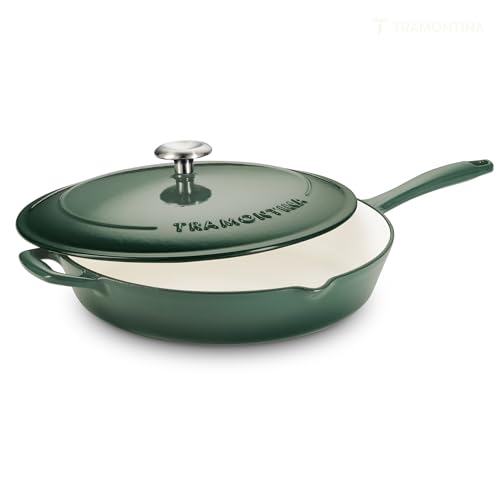 Image of TRAMONTINA Bestow Fry Pan 30 cm with Lid | Enameled Cast Iron Cookware | Even Heat Retention | Low Oil Healthy Cooking | No Seasoning Required | Stainless Steel Knob | All Cooktops Compatible | Green