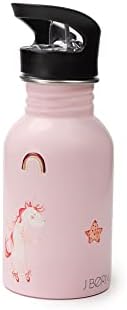j. børn Kids Stainless Steel Light Weight Water Bottle with Straw for School 350ml | Non-Insulated, Single-Skinned Eco Bottle | Great for a Lunch box or Gift (Unicorns) (NonIn350)