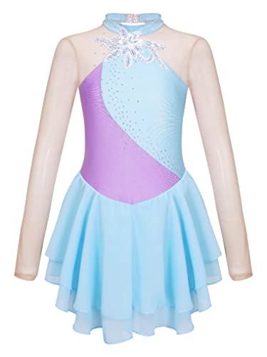 Oyolan Kids Girls Sequins Ice Skating Dress Mesh Splice Long Sleeve Hollow Back Tulle Skirts Ballerina Dancewear Light Blue 6 Years #TOP11