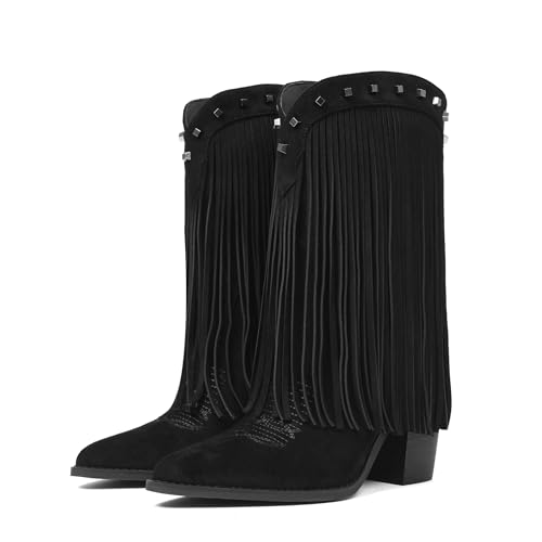 CYNLLIO Black Fringe Cowboy Boots for Women Cowgirl Western Mid Calf Pull On Suede Boot Pointed Toe Chunky Heel Vaqueras Botas w/Embroidery Studded for Country Concert Rodeo Size 8