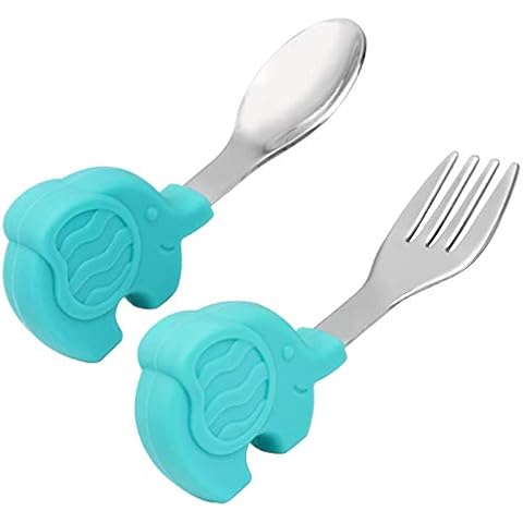Baby Fork and Spoon Set, Easy Grip for Baby, Toddler, Children, Silicone and Stainless Steel, Perfect Self Feeding Learning Utensils, 12 Months+ (Elephant) Cover