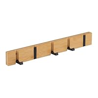 Relaxdays Garderobenleiste, 5 klappbare Haken, Bambus, Metall, zum Bohren oder Kleben, Flur Wandgarderobe, Natur/schwarz