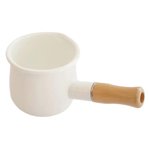 JWTIFOA Enamel Milk Pot 17oz Butter Warmer Small Sauce Pan with Spouts Butter Melting Pot, Wooden Handle, White
