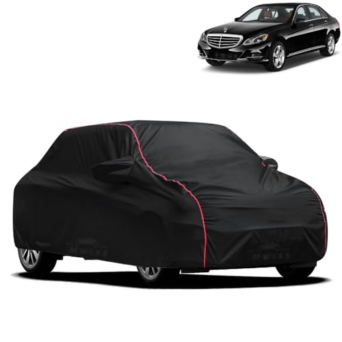 Image of Waterproof Car Cover for Mercedes Benz E280 Cdi | All-Weather Protection, Dustproof & UV Resistant | Triple Stitched Mirror Pockets, Windproof Buckle Strap with Elastic Hem, Black-Red Piping