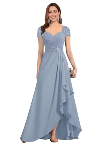 Mother of The Bride Dresses for Wedding Guest Short Sleeves Beaded Chiffon Formal Evening Gown JH0154