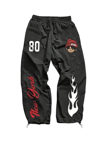 SHENHE Men's Baggy Casual Parachute Pants Graphic Loose Fit Harem Joggers Hip Hop Water Resistant Pants Black Small