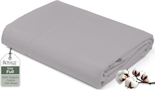 Image of Royale Linens 100% Organic Cotton Full Flat Sheet Only - Super Soft - Percale Top Sheets - Full Flat Sheet Sold Separately - Breathable, Cool & Crisp Sheets Only (81 inch x 96 inch, Silver)