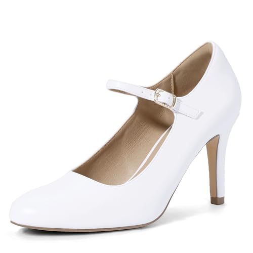 IDIFU IN4 Mary Jane Shoes Closed Toe High Heels Women's Pumps Comfortable Stiletto Ankle Strap Round Toe Dress Shoes for Women Wedding Bridal Work Vintage Classic Pumps Shoes