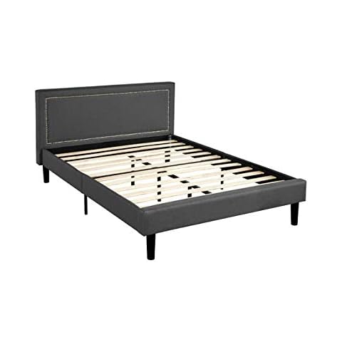 Divano Roma Furniture Twin Upholstered Tufted Headboard & Bed Frame-32 Tall Stitched Platform Panel, Low Profile Bedframe Mattress Foundation/Solid Wood Slat Base – No Box Spring Needed, Dark Grey Cover