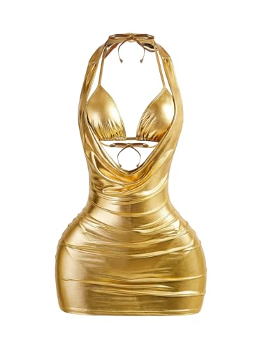 GORGLITTER Womens 3 Piece Sparkly Metallic Swimsuits String High Cut Thong Bikini Sets with Beach Halter Dress Gold Small