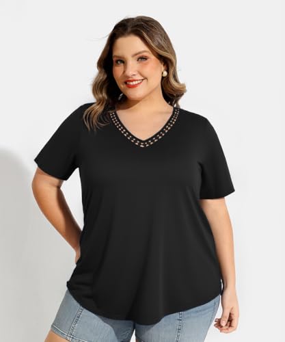 Image of RITERA Women Plus Size Tops Tie Dye V Neck Shirt Floral Camo Summer Short Sleeve Tunic Oversized Ladies Blouse XL-5XL