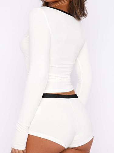 Image of Dressmine Cute Pjs Pajama Sets for Women Sexy 2 Piece Spring Pajamas Lounge Sleep Set Long Sleeve Shorts Sleepwear