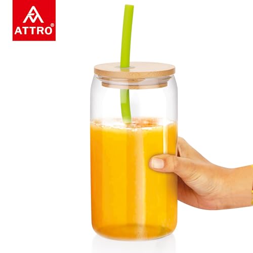 Image of ATTRO 400ml Drinking Glass with Wooden Lid & Silicone Straw Travel Sipper Tumbler- Ideal for Juices, Smoothies &Cocktails - Durable, Leak Proof Glass for On the Go