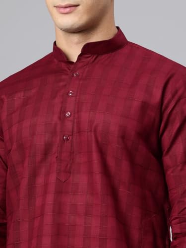 Image of Majestic Man Men's Pure Cotton Textured Check Mandarin Collar Long Kurta