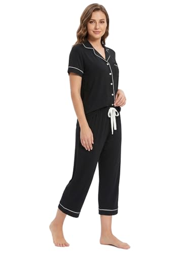 Image of Joyaria Bamboo Viscose Cooling Pajamas for Women Capri Button Front Pjs Set | Ideal for Night Sweats, Hot Sleeper Friendly, Breathable & Moisture Wicking, Short Sleeve Top
