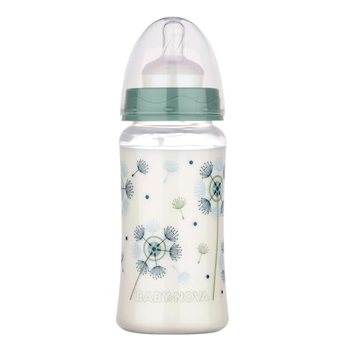 babynova Biberón de Cuello Ancho 300 ml con Tetina de Silicona de Flujo Medio Anticólicos - Sin BPA - Diente de León