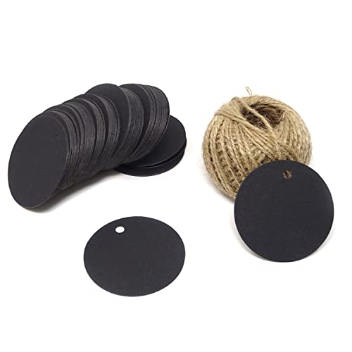 Etiquetas redondas de papel kraft negro con cordel de yute de 100 pies para manualidades