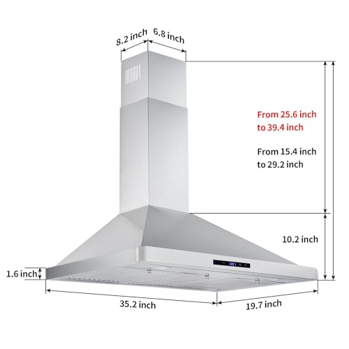 Tieasy Range Hood 36 inch Wall Mount Kitchen Hood 700 CFM with Ducted/Ductless Convertible Duct, Touch Control, Permanent Filters, Stainless Steel, 3 Speed Exhaust Fan - Thumbnail 7
